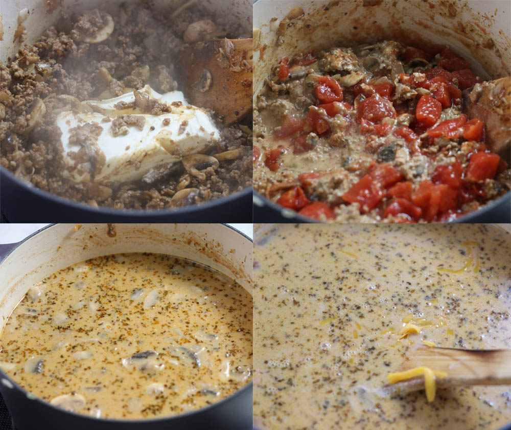 Images showing how to make keto taco soup in a dutch oven.