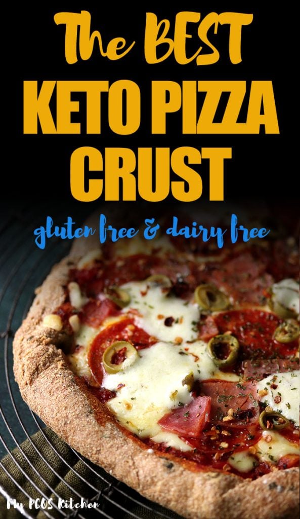 This easy almond flour and coconut flour low carb pizza crust is dairy free and gluten free. It's the best keto friendly crispy or chewy pizza crust recipe you'll ever make. #ketopizza #ketopizzarecipe #glutenfreepizzacrust #mypcoskitchen