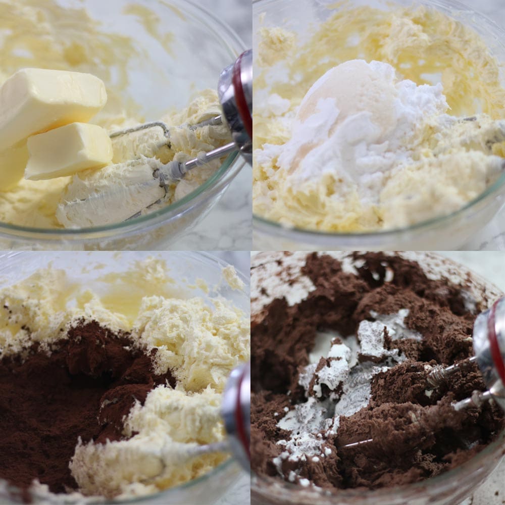 Steps showing how to make keto frosting with a hand mixer