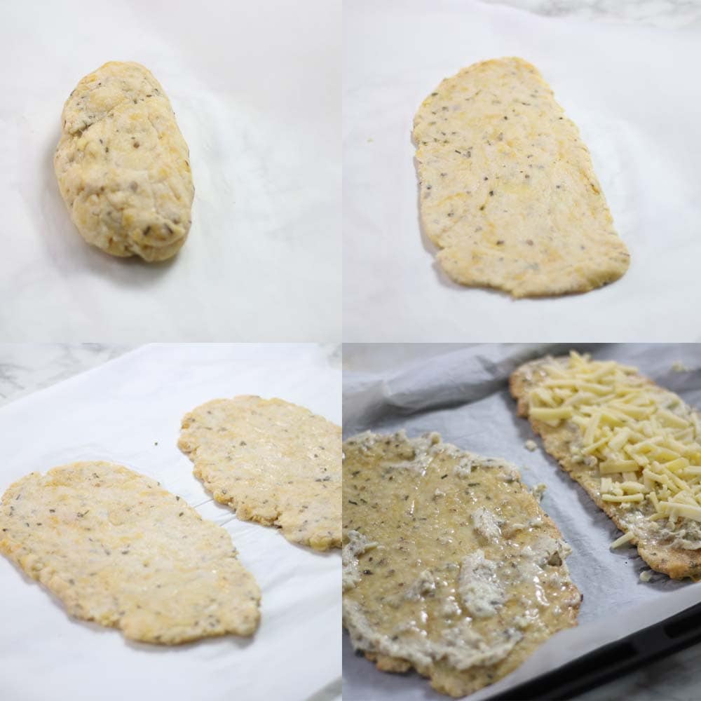 Images showing how to make garlic cheese bread keto and low carb.