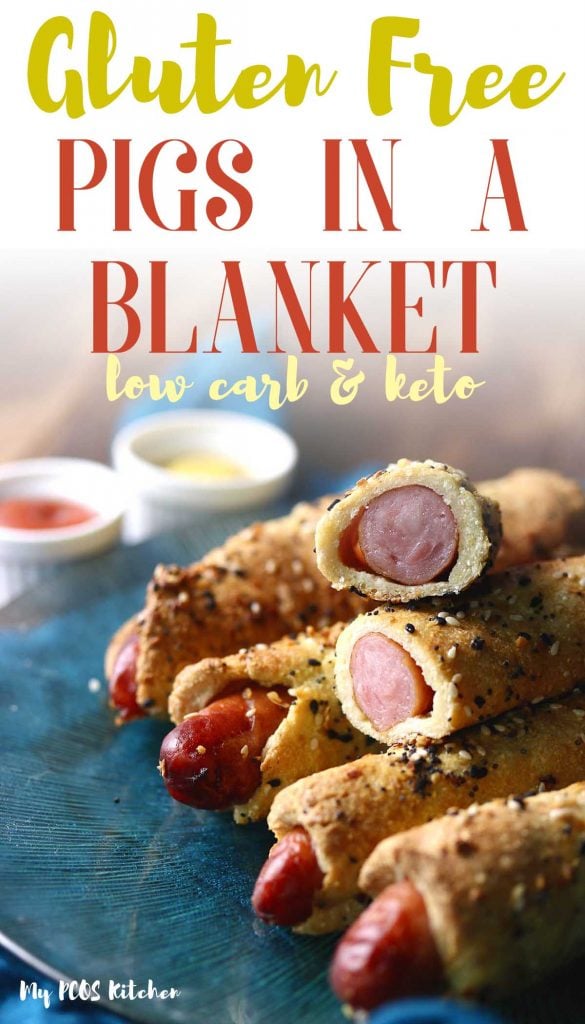 These crispy and easy gluten free pigs in a blanket are wrapped in a low carb keto magic dough made without dairy! Serve these amazing sausage rolls at a party or as an appetizer for the perfect low carb treat.