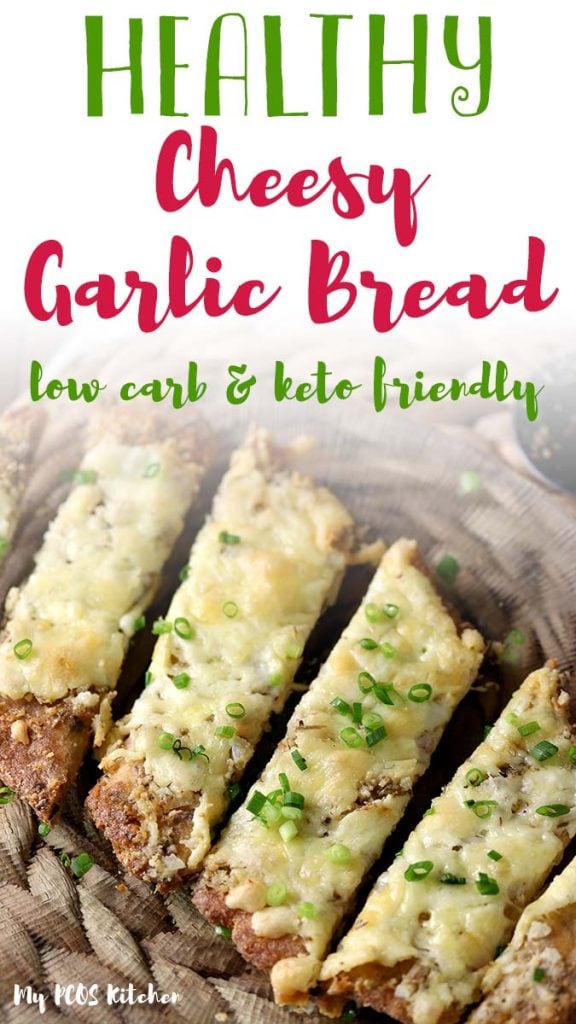 Easy garlic bread with cheese made with almond flour, coconut flour and psyllium husk powder. Quick and delicious, you'll love this low carb recipe for cheesy garlic bread.