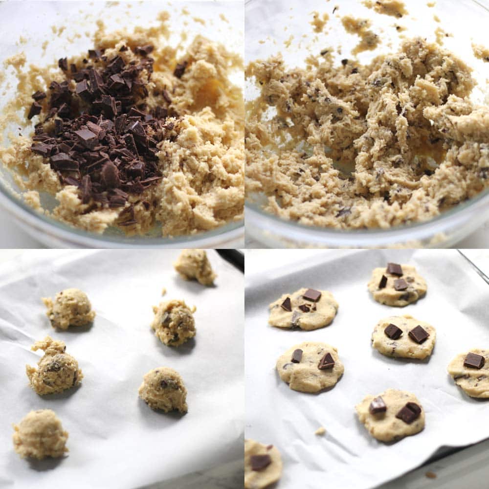 Images showing how to make low carb chocolate chip cookies with almond flour.