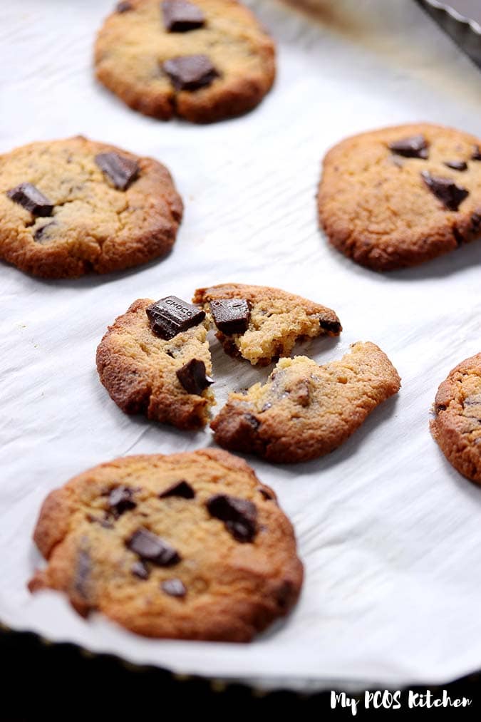 Delicious sugar free chocolate chip cookies made low carb and keto. 