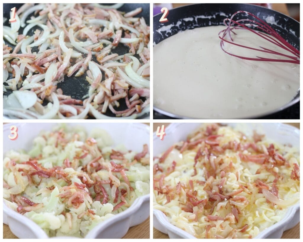 Images showing how to make cauliflower au gratin step by step.