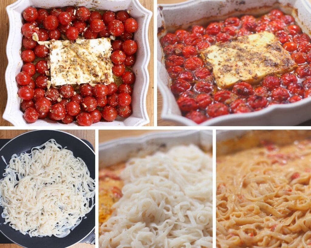 Images showing how to make keto baked feta pasta in the oven.
