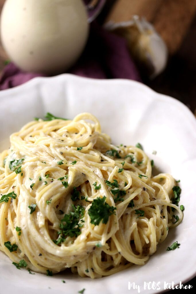 Low carb noodles cooked in a keto alfredo sauce.