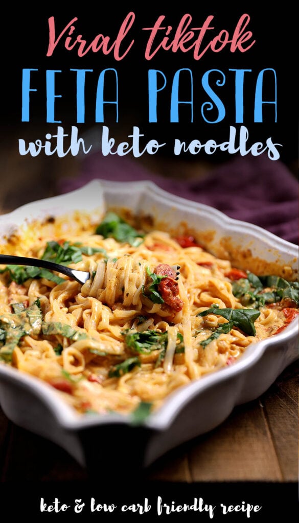 Learn how to make this keto pasta that's gluten free, easy to make and baked in the oven. This is the perfect recipe for when you're craving some comfort food without all of the carbs! Made with fresh tomatoes and feta cheese, this is one of the creamiest and healthiest pasta recipe you'll make this year!