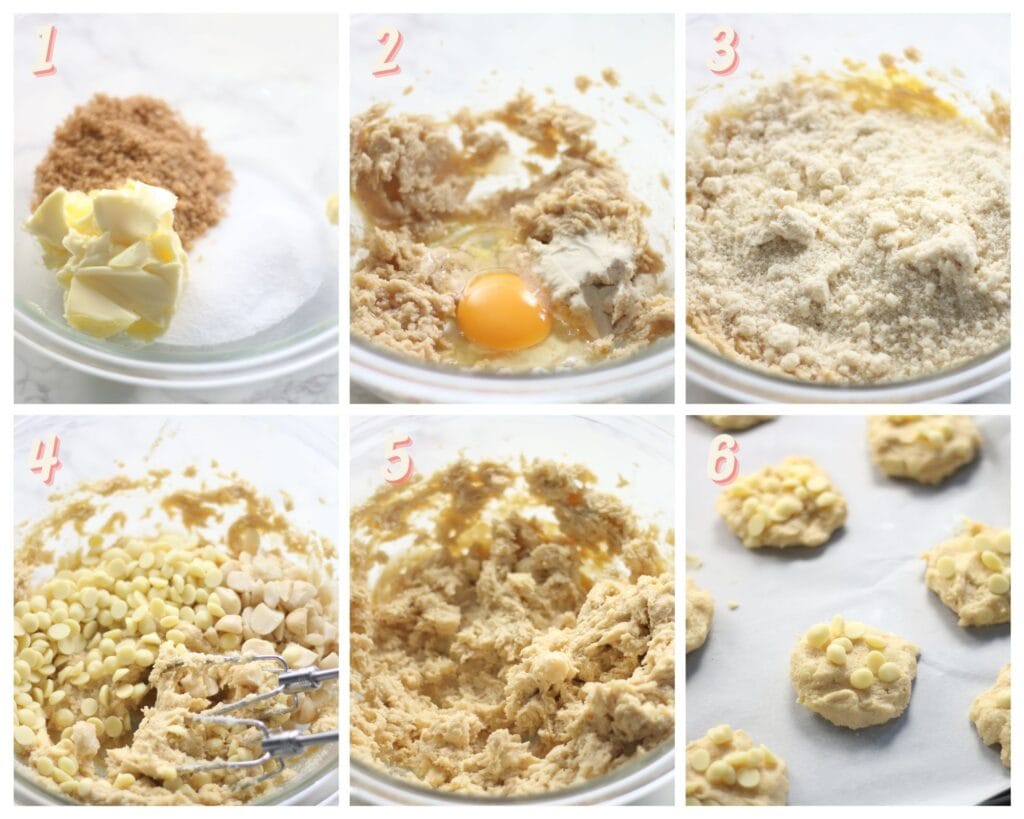 Images showing how to make gluten free white chocolate macadamia nut cookies.