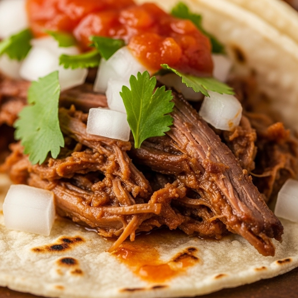 Finished close up of pulled beef taco