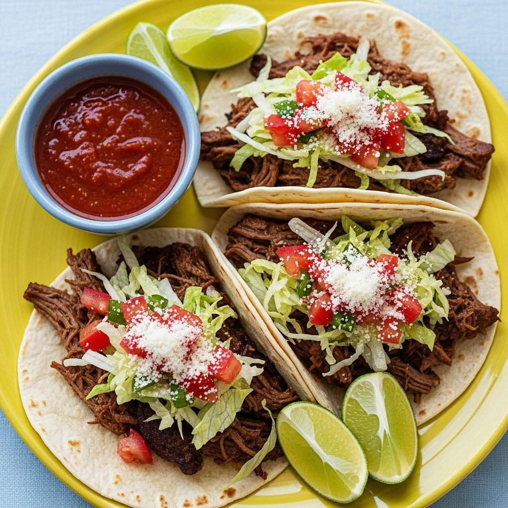 Overhead shot of 3 finished pulled beef tacos